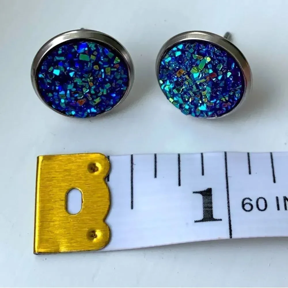 Men’s Titanium Blue Iridescent Faux Drusy Quartz Iced Out Hip Hop Stud Earrings
